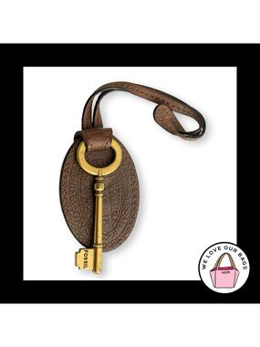 Y2K FOSSIL KEY Antique Gold Brass Brown Leather Strap Bag Charm Hang Tag Fob